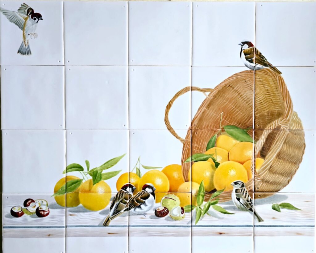 Tegeltableau met vogels en citrusvruchten