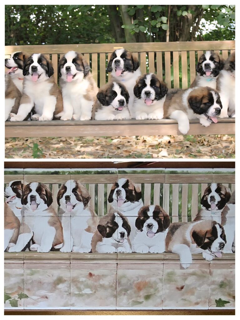 Handgeschilderd tableau honden 9 pups sint bernard